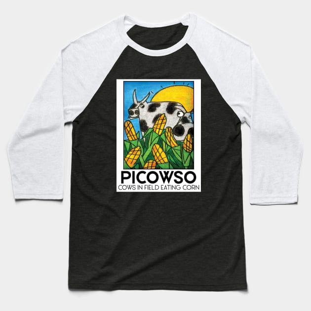 Cows in Field Eating Corn Baseball T-Shirt by ArtsofAll